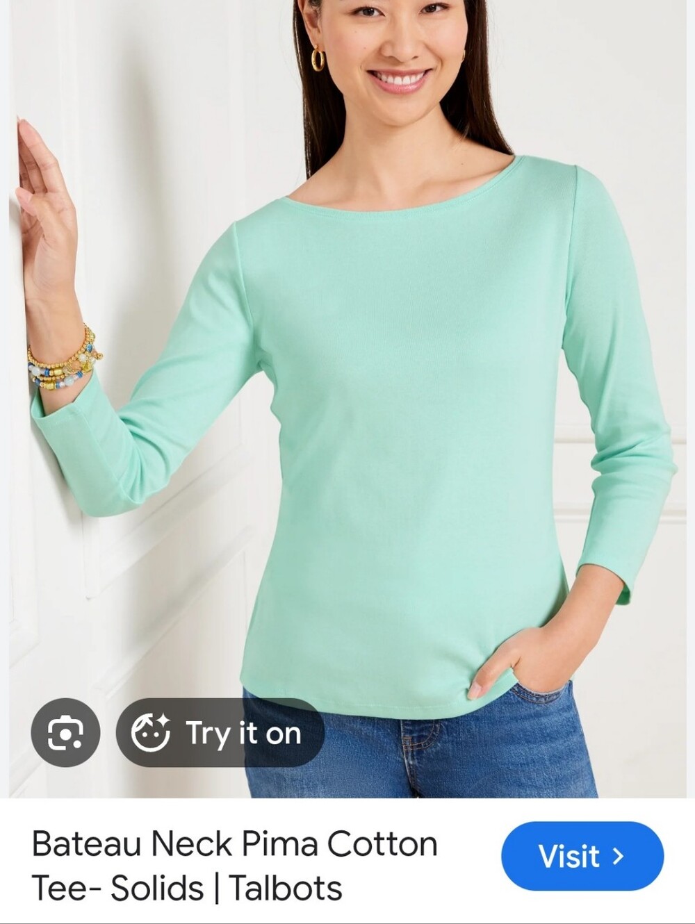 Mint Green Size M Talbots Bateau, 3/4 Sleeve Tee 100% Cotton